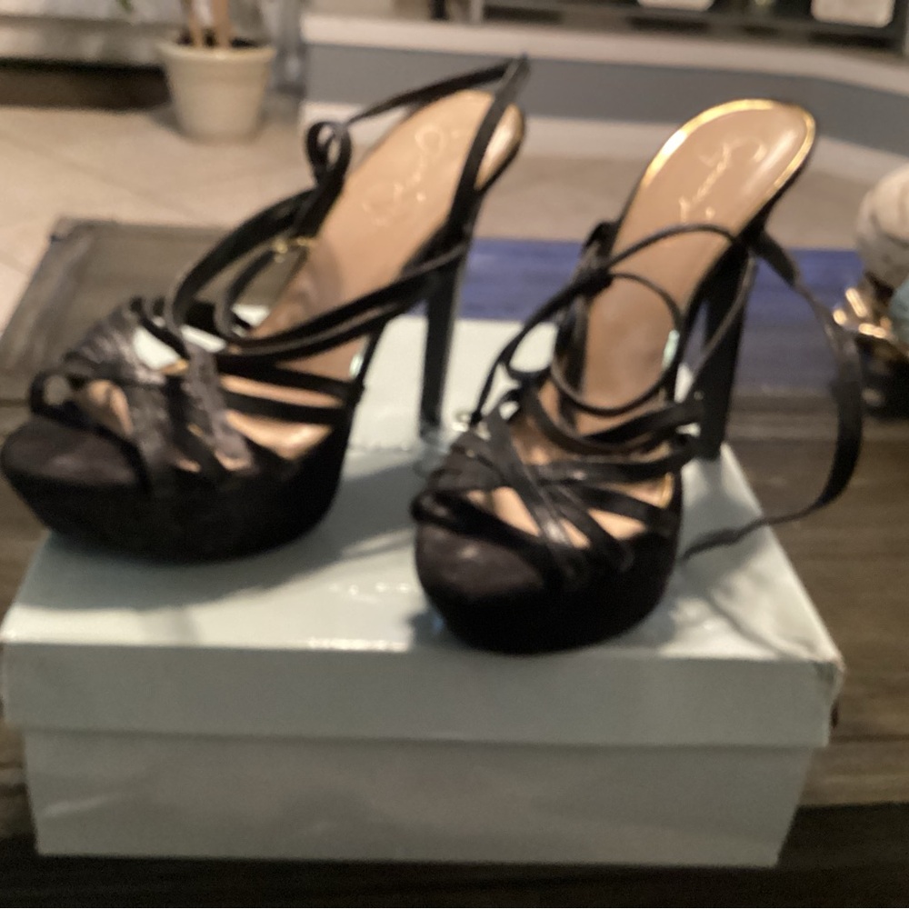 Jessica Simpson ;size 10 black suede gold trim in back worn 3x’s